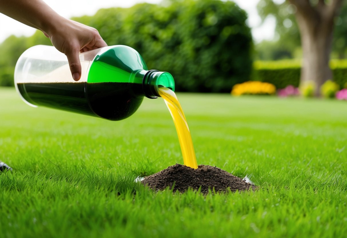 Pouring liquid fertilizer onto a vibrant green lawn, illustrating how liquid fertilizers deliver quick and effective nutrients to grass for lush growth and improved lawn health