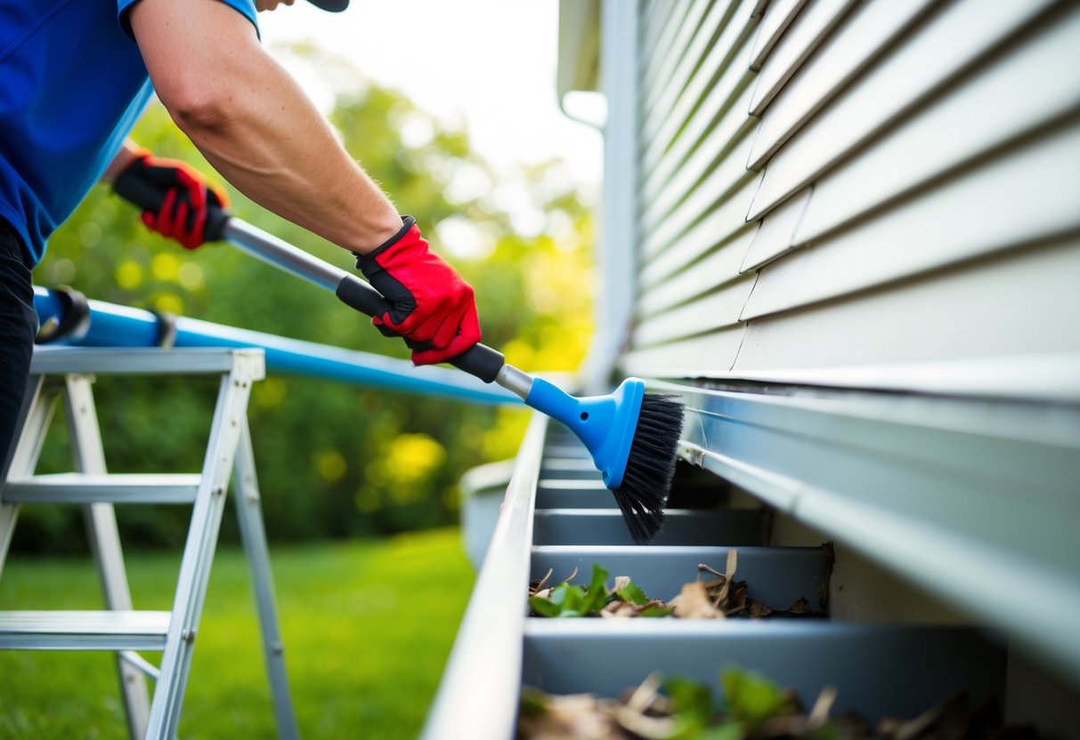 Homeowner using a specialized brush to clean gutters filled with leaves and debris during fall maintenance.