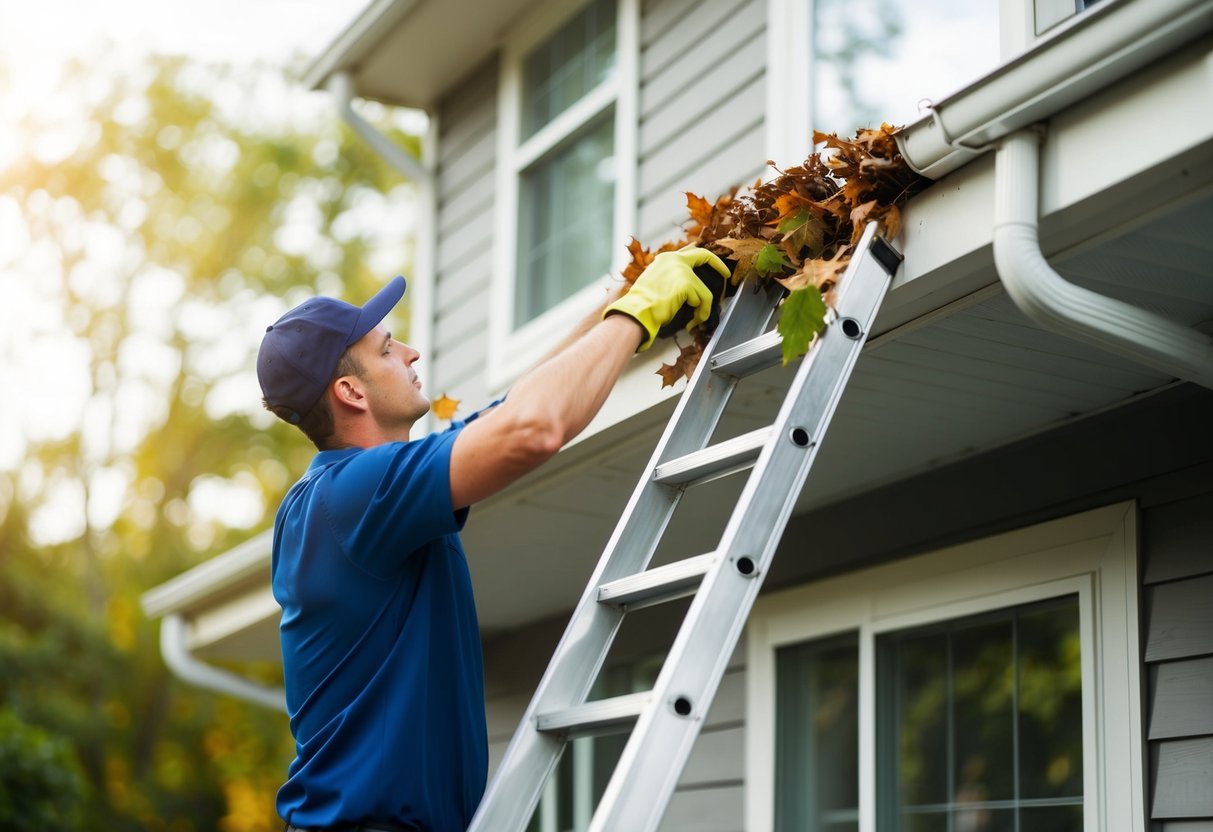 A professional cleaning gutters filled with leaves using a ladder during fall maintenance