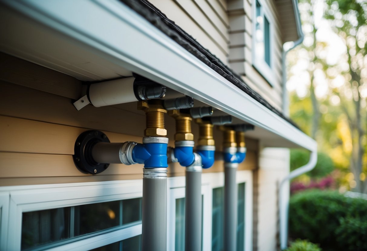 A house with exposed water pipes outside, surrounded by insulation material to protect them from the elements