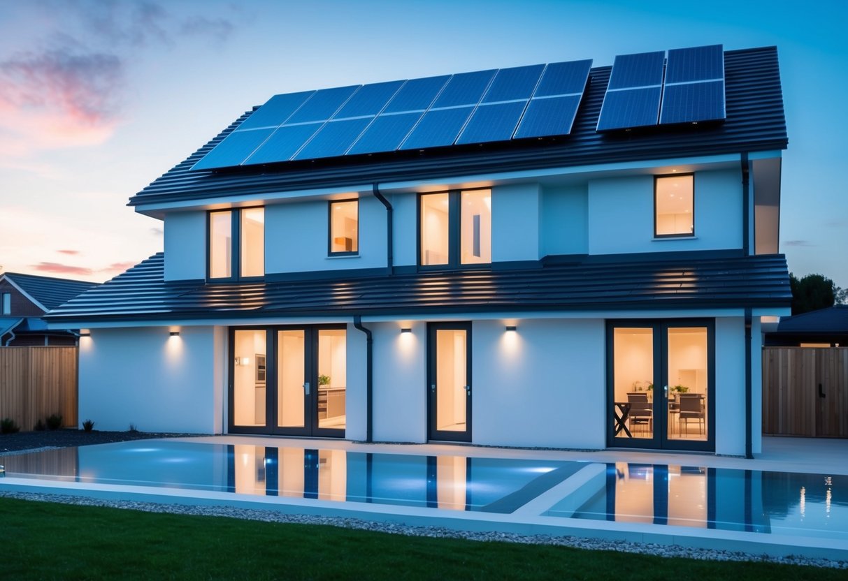 A modern, well-insulated home with solar panels on the roof, energy-efficient appliances, and smart thermostats controlling heating and cooling