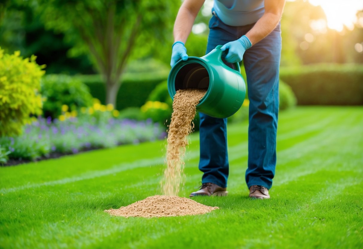 a person pouring fertilizer into a pile of grass